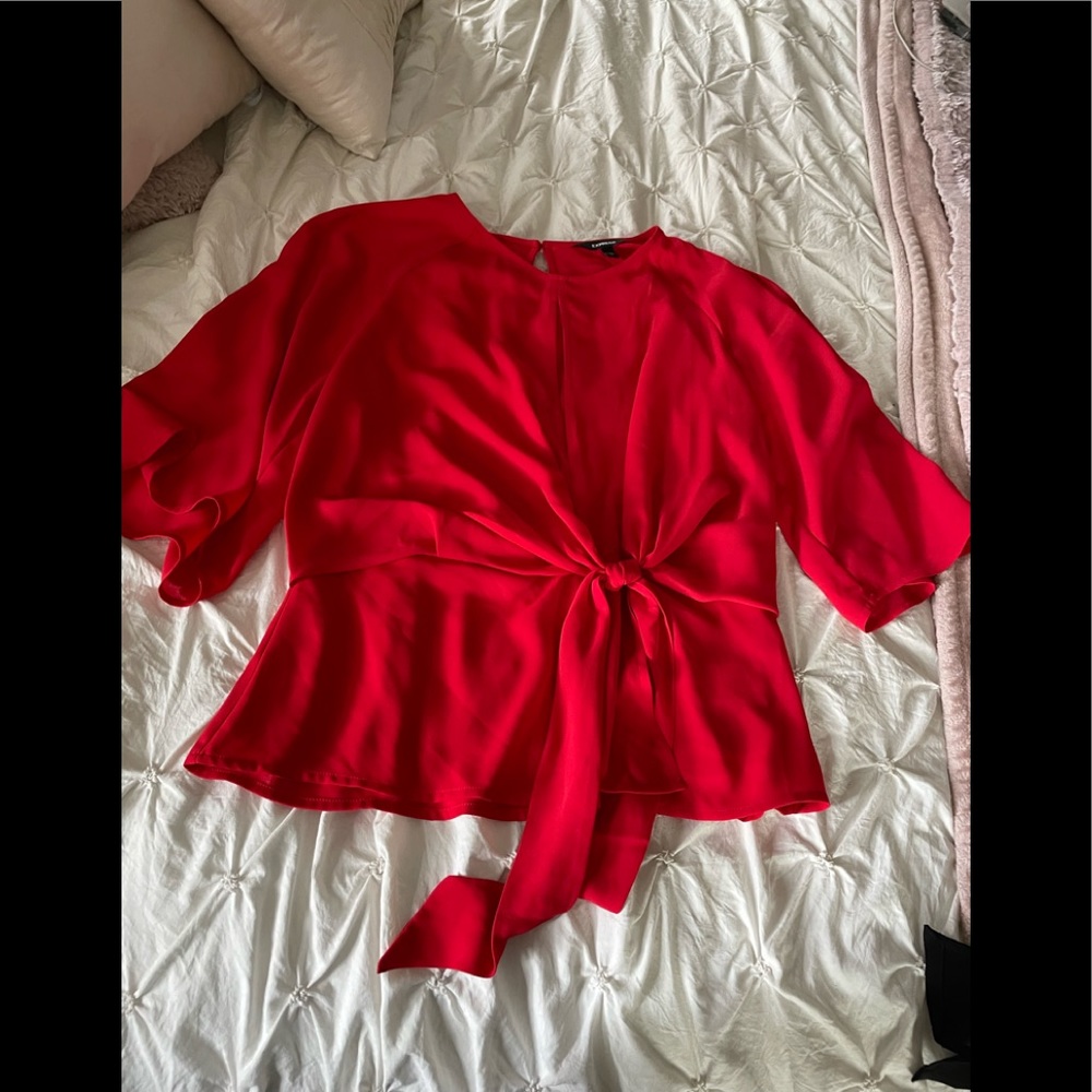 Cherry red keyhole front/back flutter sleeve tie front top